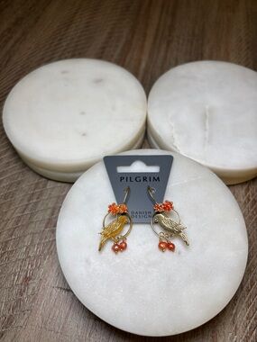 256 Pilgrim Gold Bird Hoop Earrings with Orange Flower and Coral Beads